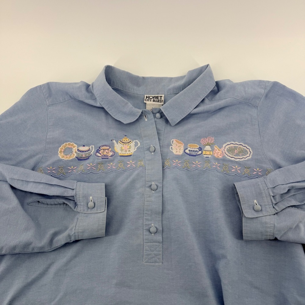 Koret City Blues Embroidered Tea Party Top Plus Size 22W Blue Long Sleeve Henley